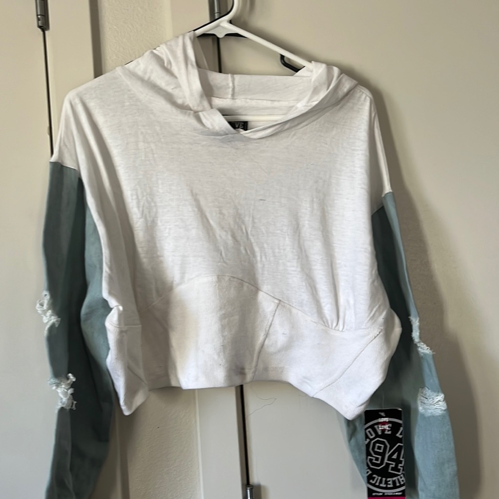 White Hoodie Crop Too with light blue denim distressed sleeves